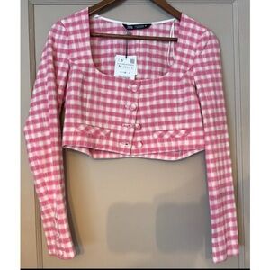 Zara-Pink and White Checkered Cropped Jacket- Size Medium